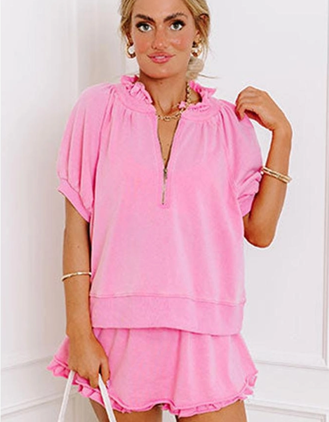 Pink Half Zip Puff Sleeve Top and Ruffled Shorts Set