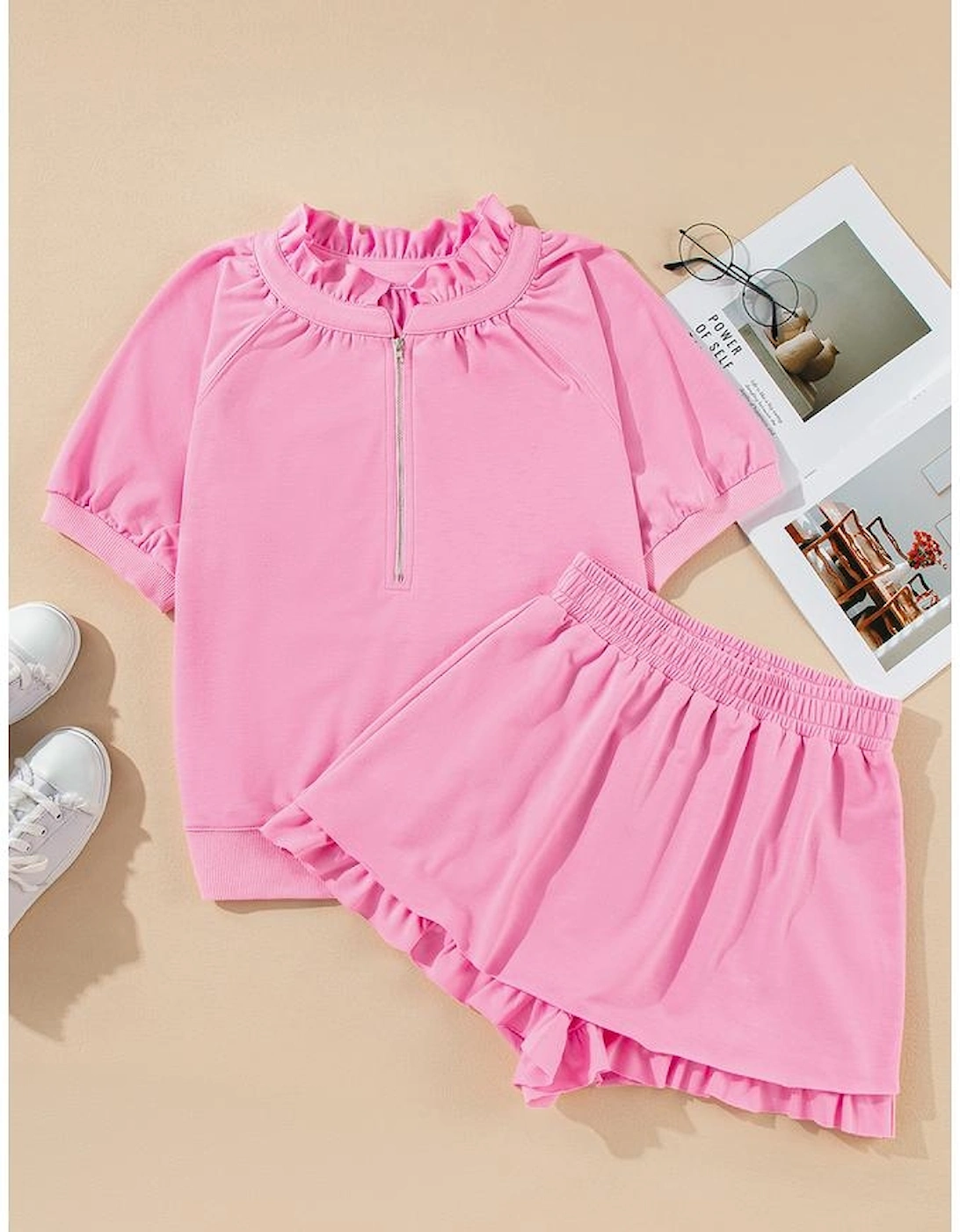 Pink Half Zip Puff Sleeve Top and Ruffled Shorts Set