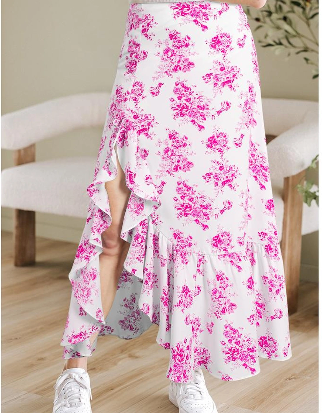 Rose Boho Floral High Waist Ruffle Split Maxi Skirt