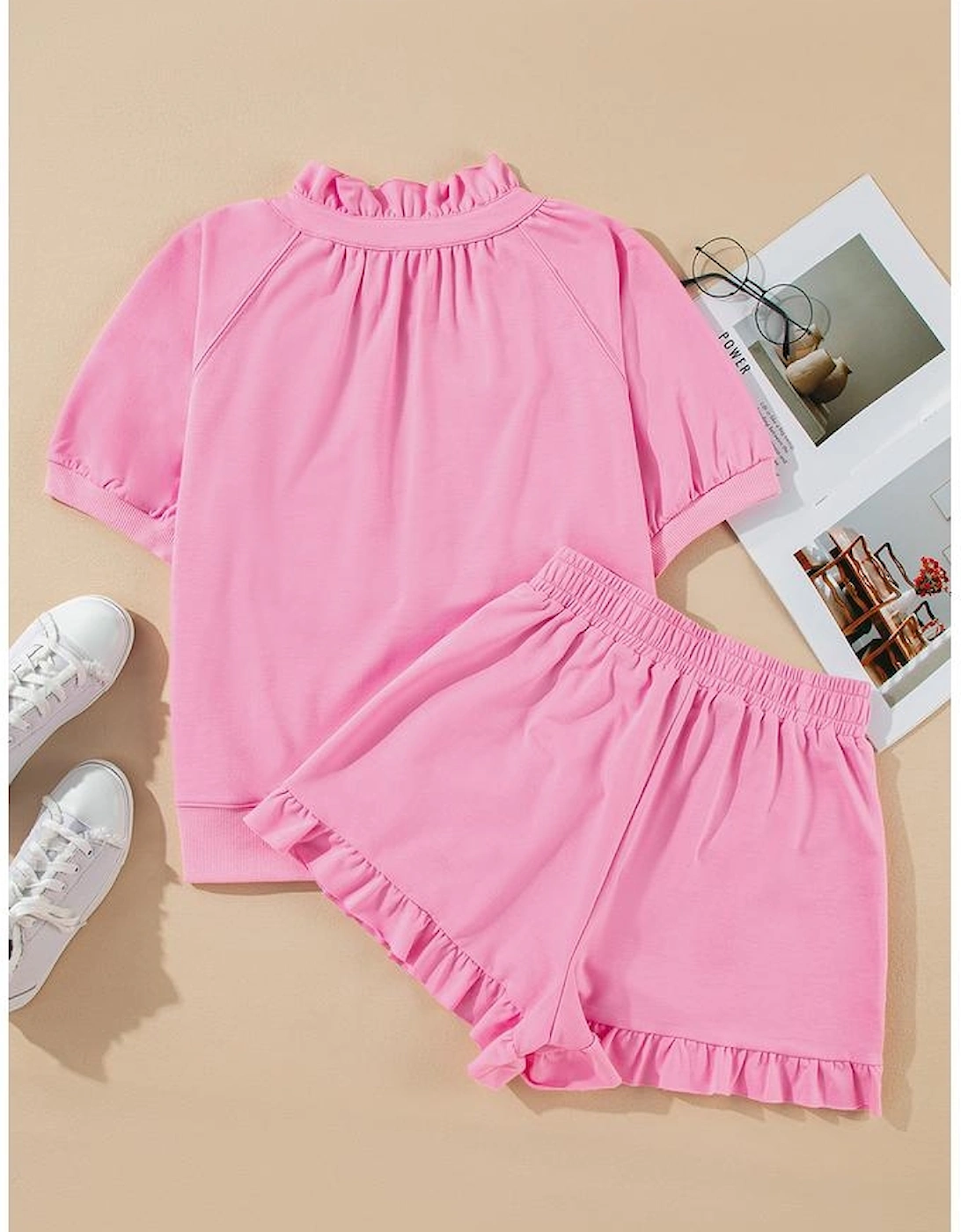 Pink Half Zip Puff Sleeve Top and Ruffled Shorts Set