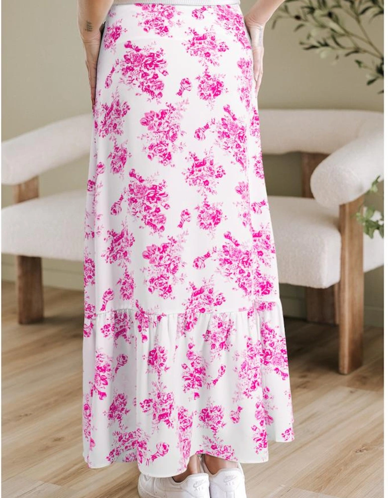 Rose Boho Floral High Waist Ruffle Split Maxi Skirt