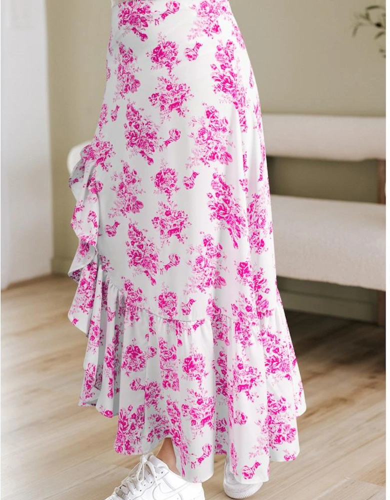 Rose Boho Floral High Waist Ruffle Split Maxi Skirt