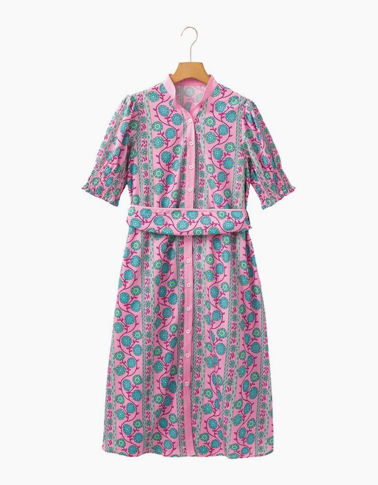 Pink Floral Shirred Puff Sleeve Buttoned Front Midi Dress with Sash