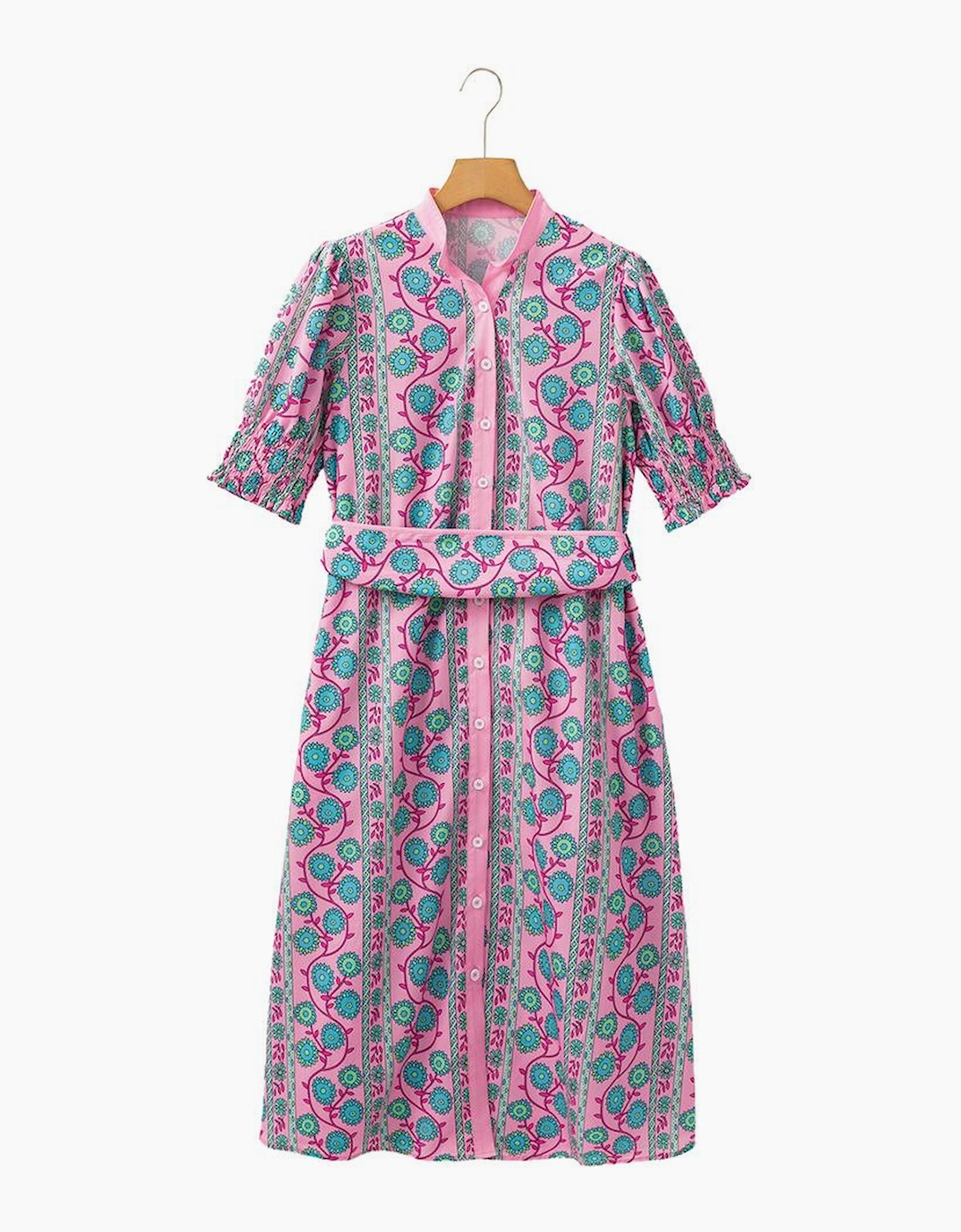 Pink Floral Shirred Puff Sleeve Buttoned Front Midi Dress with Sash