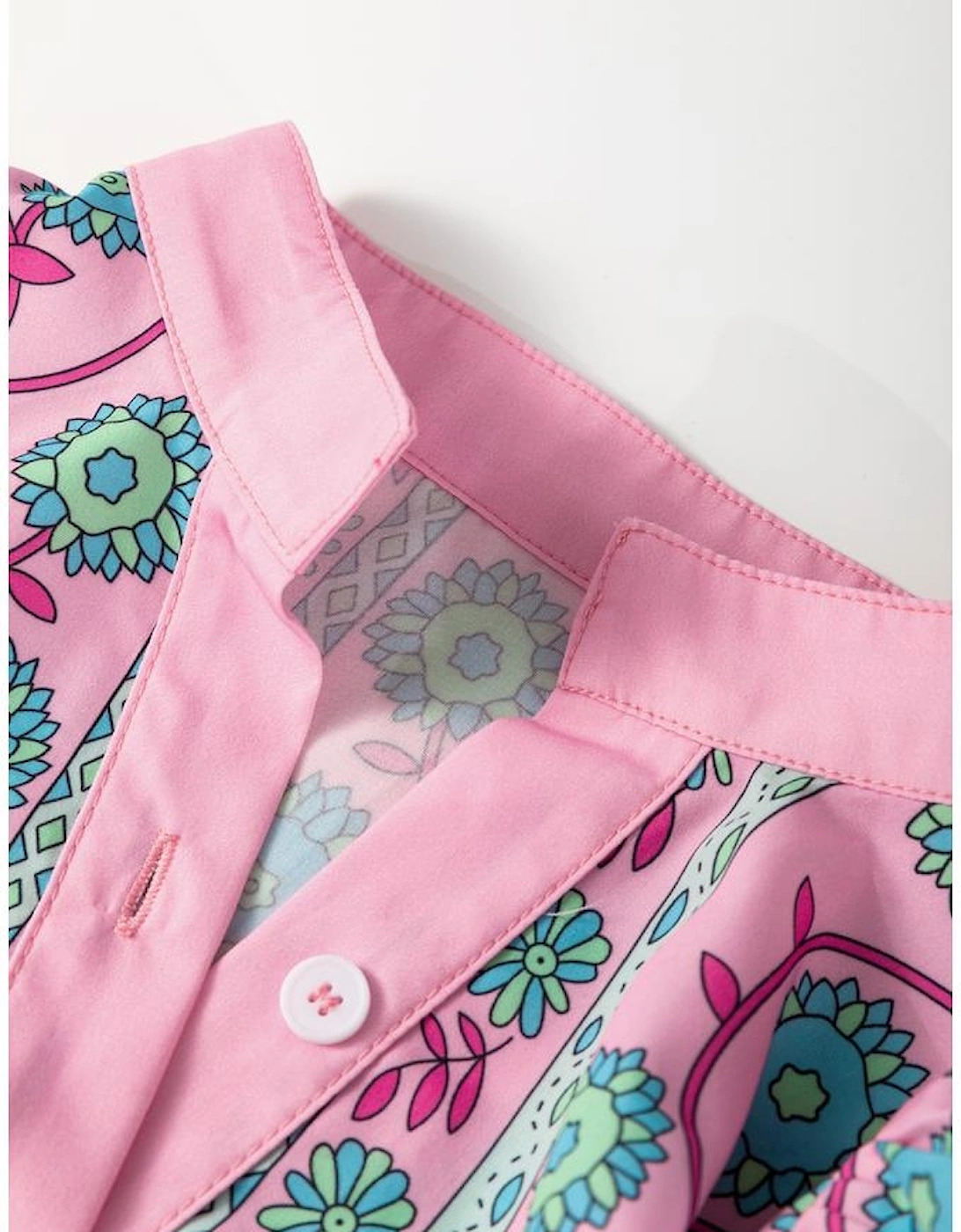 Pink Floral Shirred Puff Sleeve Buttoned Front Midi Dress with Sash