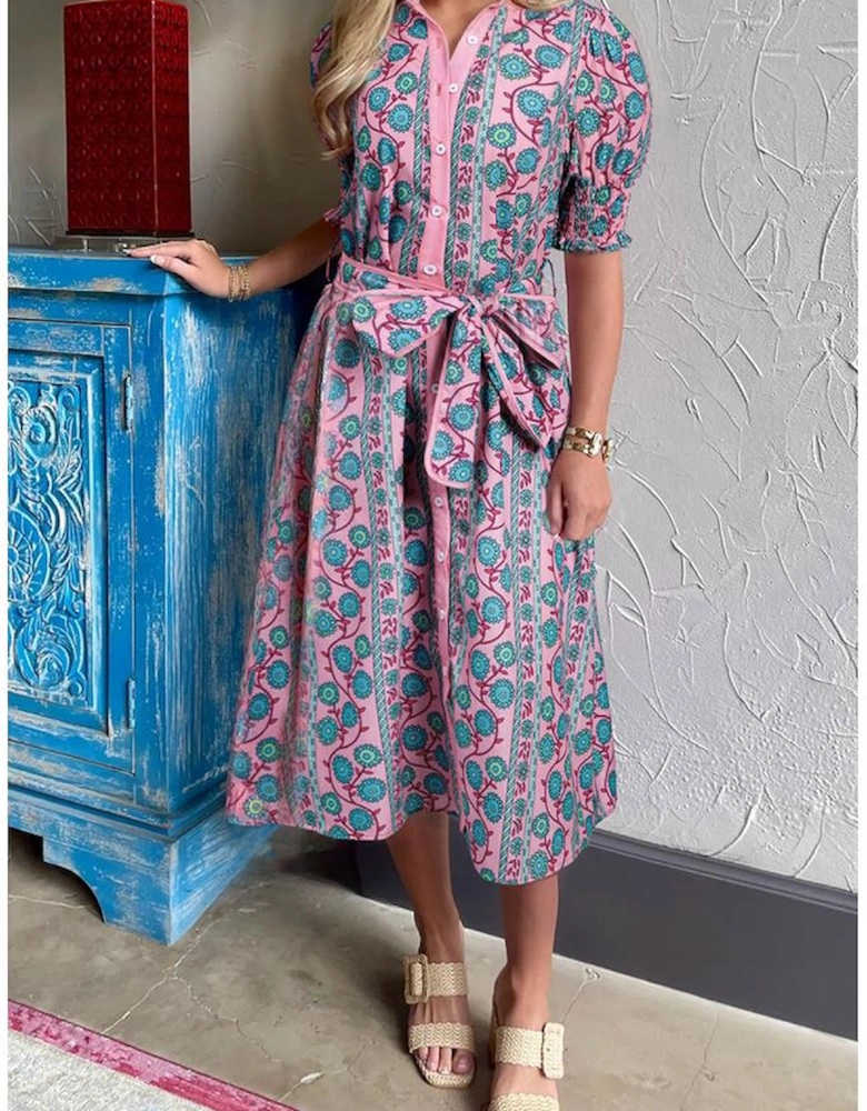 Pink Floral Shirred Puff Sleeve Buttoned Front Midi Dress with Sash