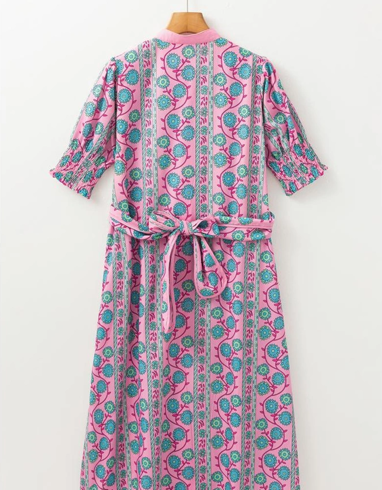 Pink Floral Shirred Puff Sleeve Buttoned Front Midi Dress with Sash
