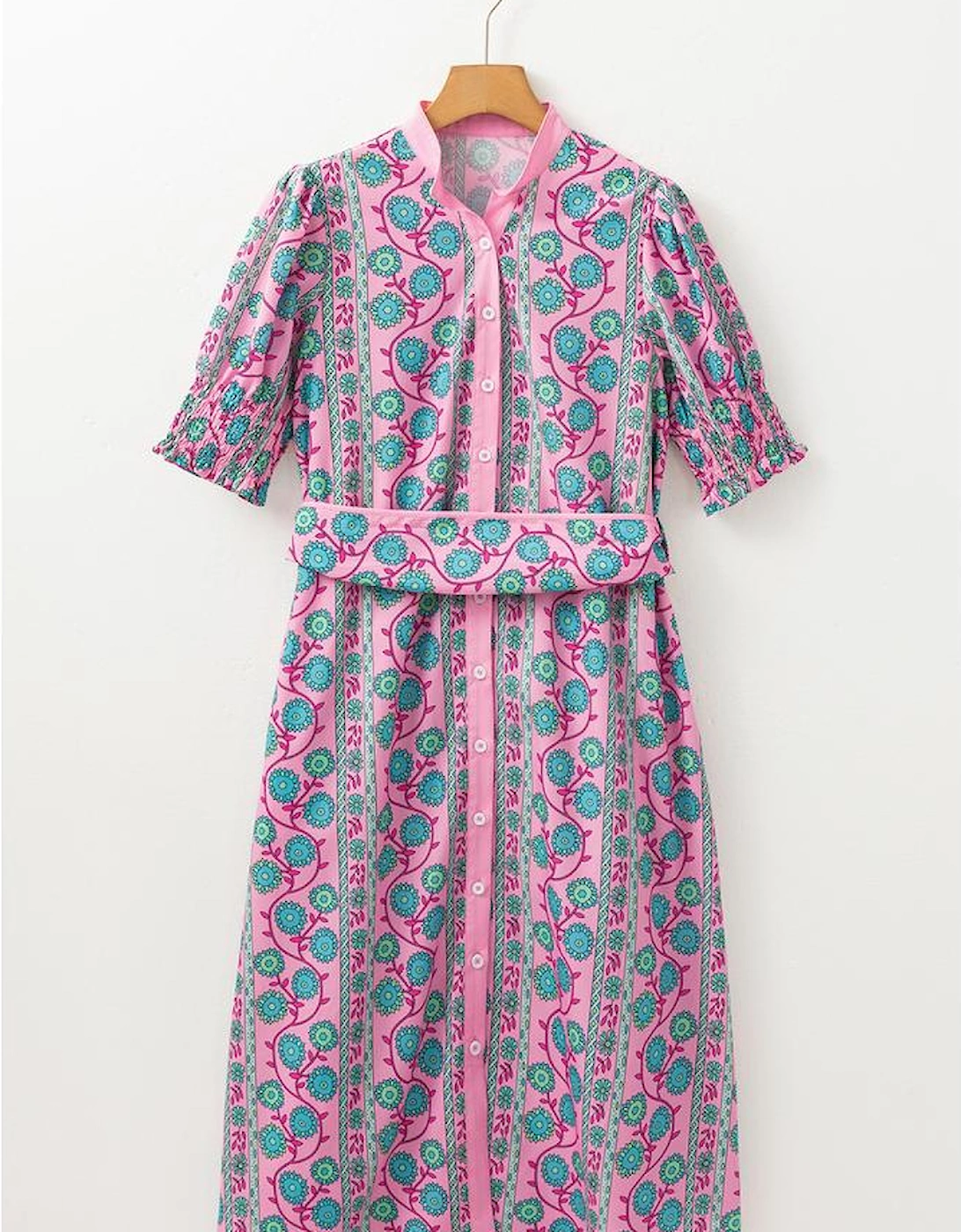 Pink Floral Shirred Puff Sleeve Buttoned Front Midi Dress with Sash