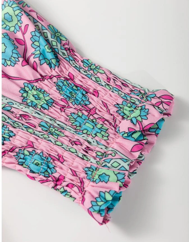 Pink Floral Shirred Puff Sleeve Buttoned Front Midi Dress with Sash