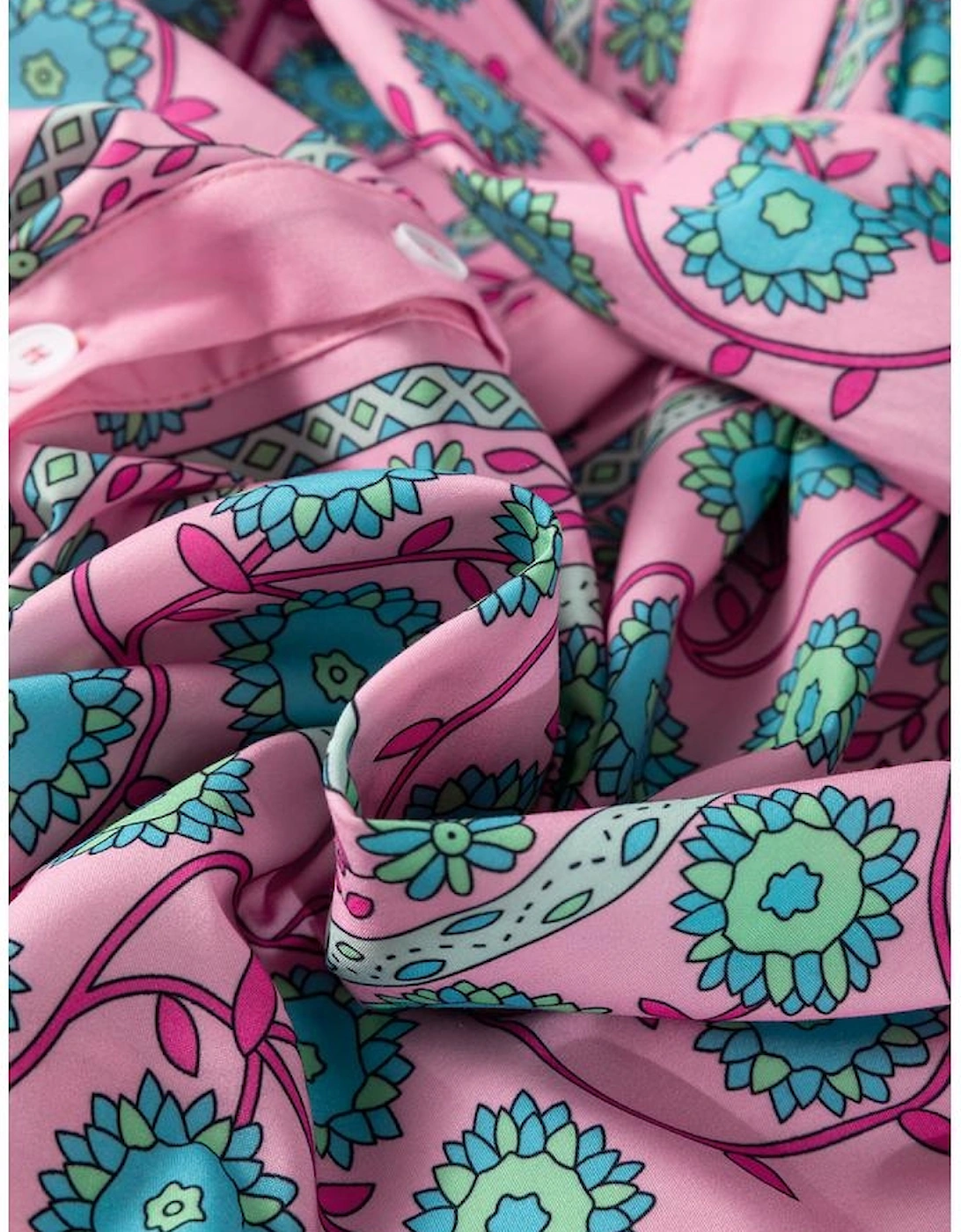 Pink Floral Shirred Puff Sleeve Buttoned Front Midi Dress with Sash