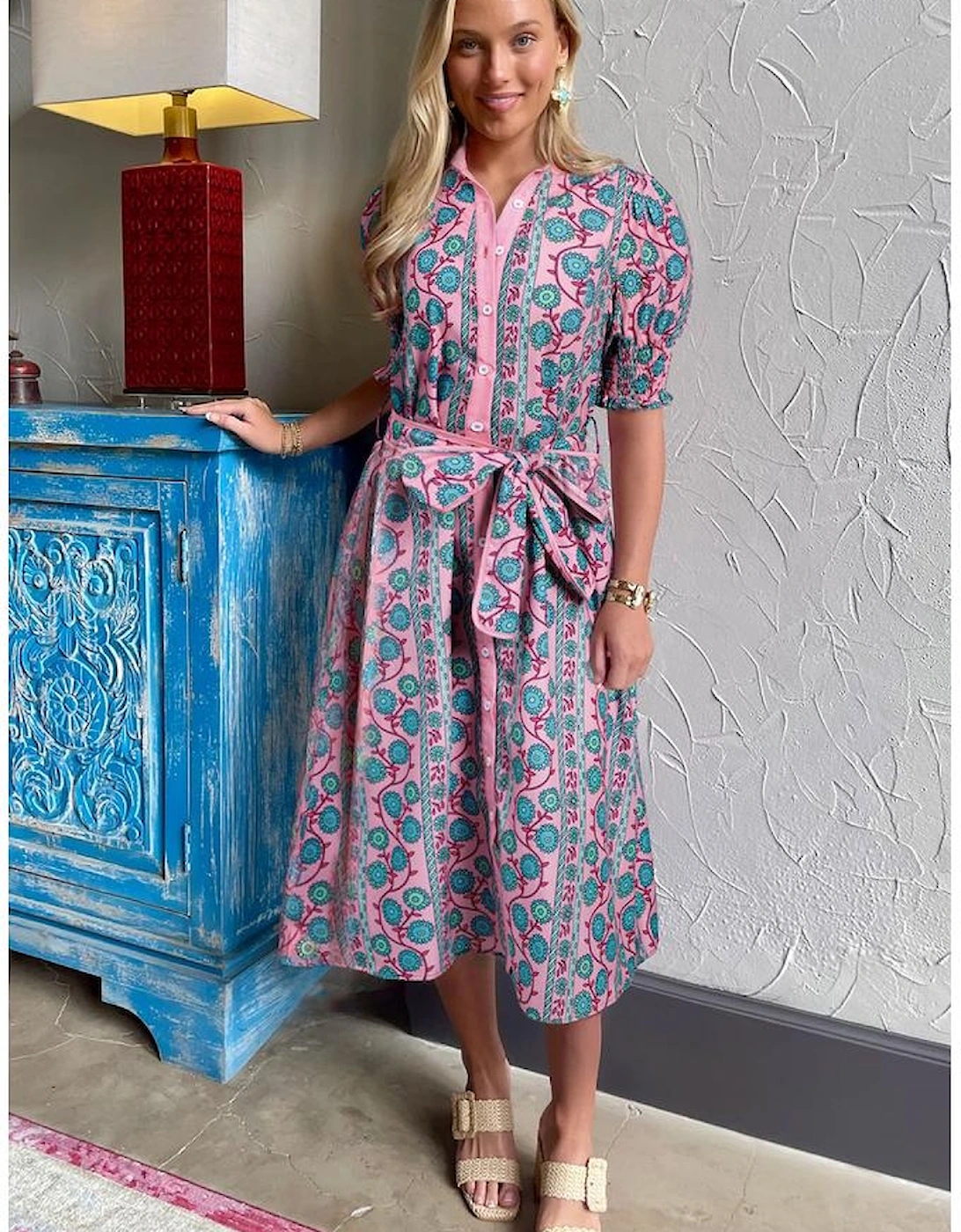 Pink Floral Shirred Puff Sleeve Buttoned Front Midi Dress with Sash