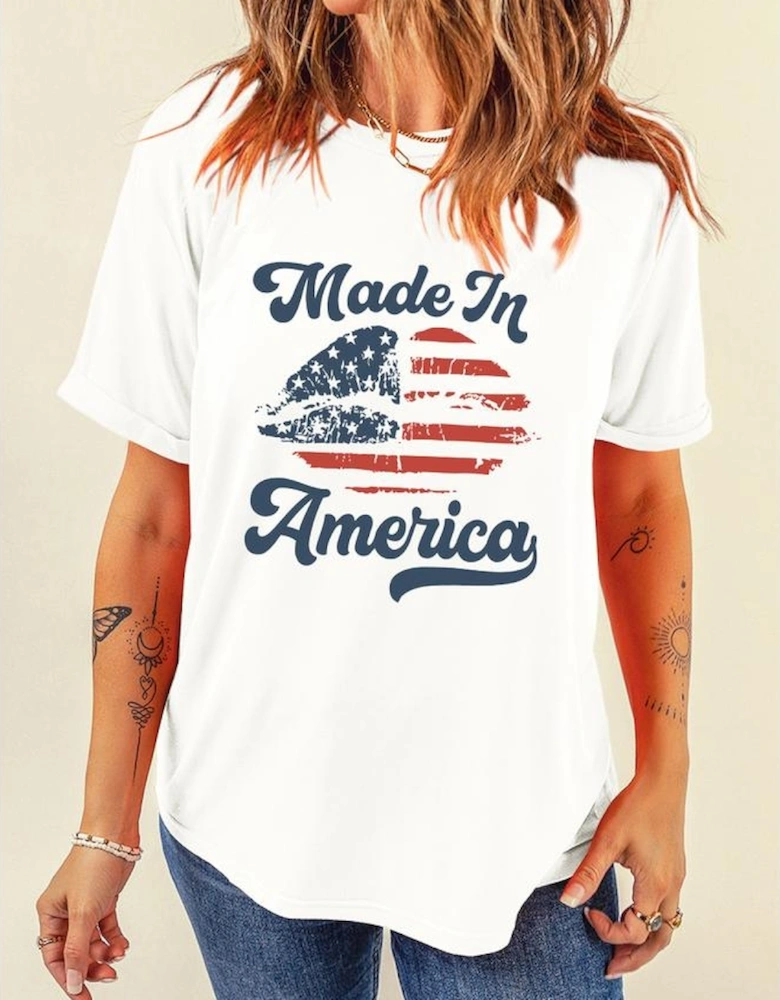 White Made in America Lip Printed O Neck T Shirt