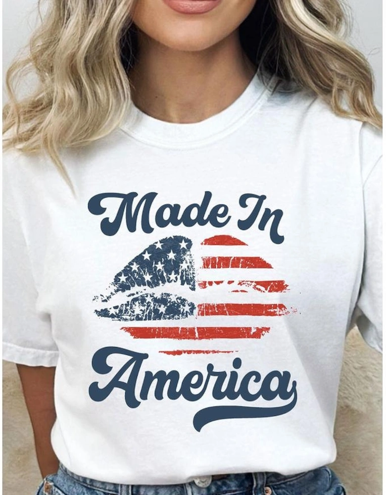White Made in America Lip Printed O Neck T Shirt