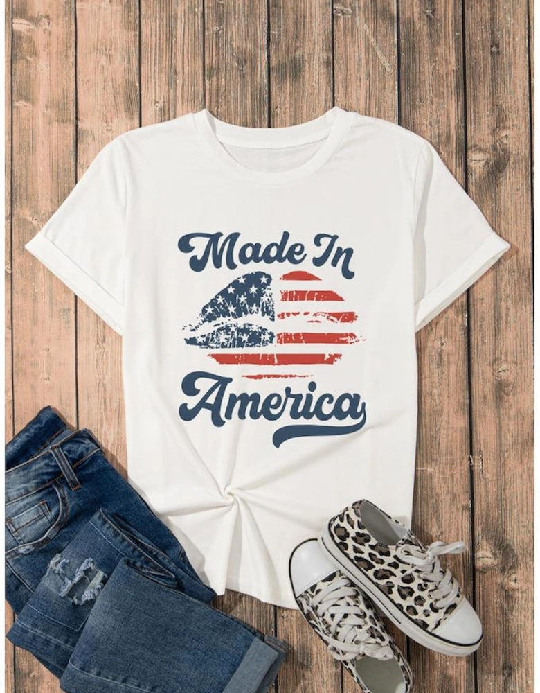 White Made in America Lip Printed O Neck T Shirt