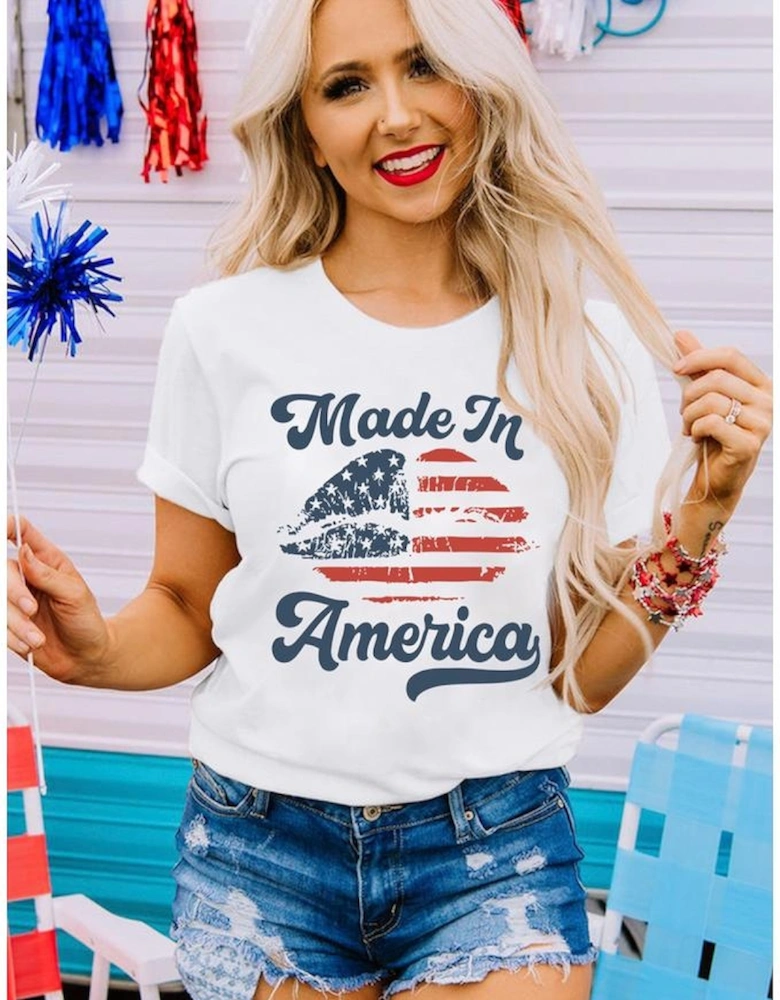 White Made in America Lip Printed O Neck T Shirt