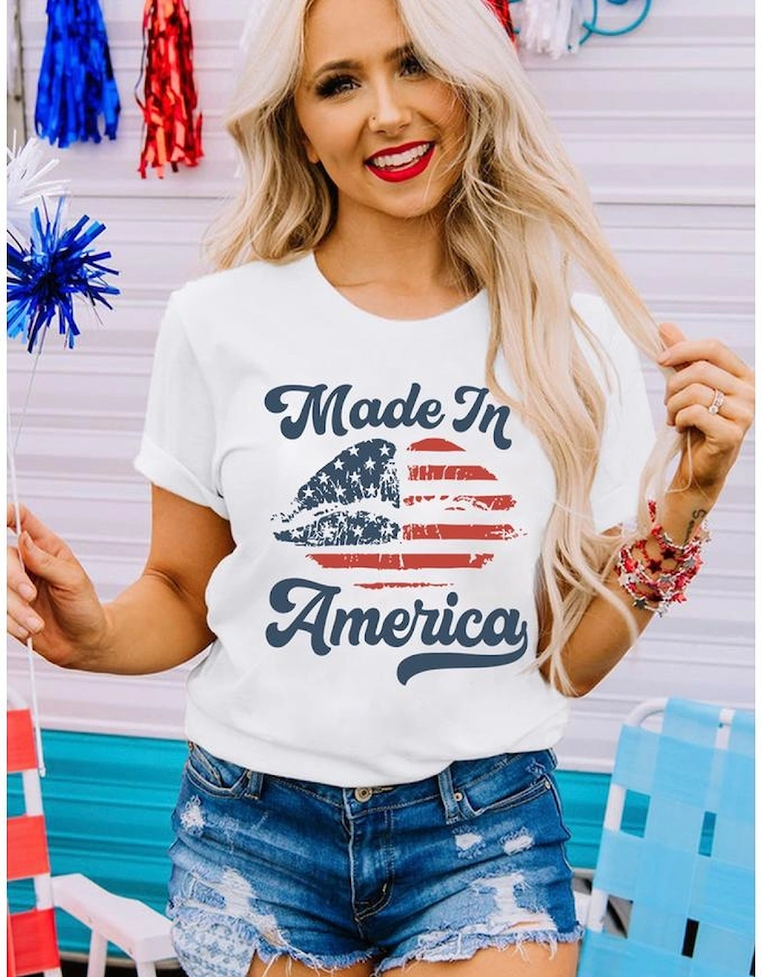 White Made in America Lip Printed O Neck T Shirt