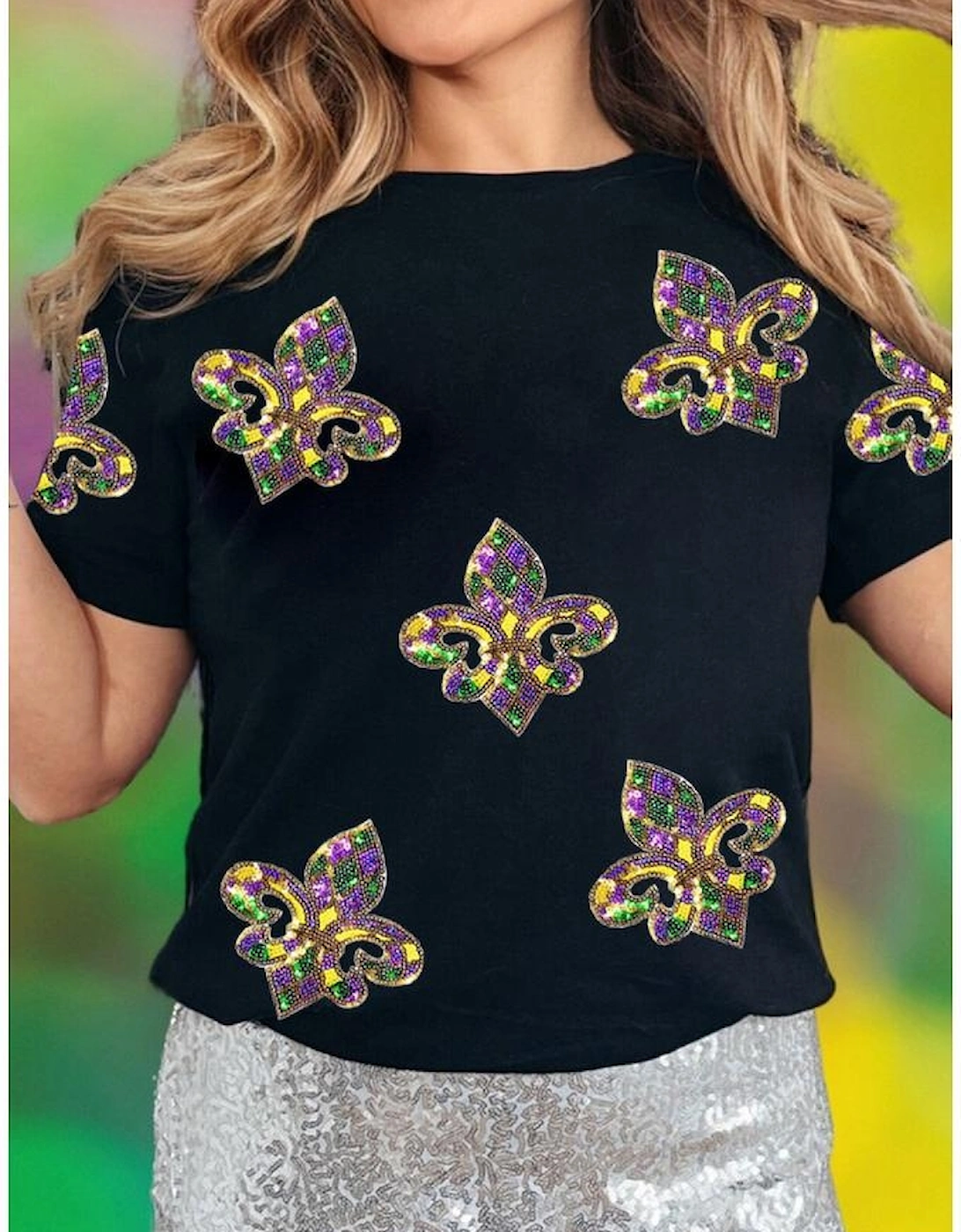 Black Maid Gras Sequin Fleur de Lis Graphic T Shirt