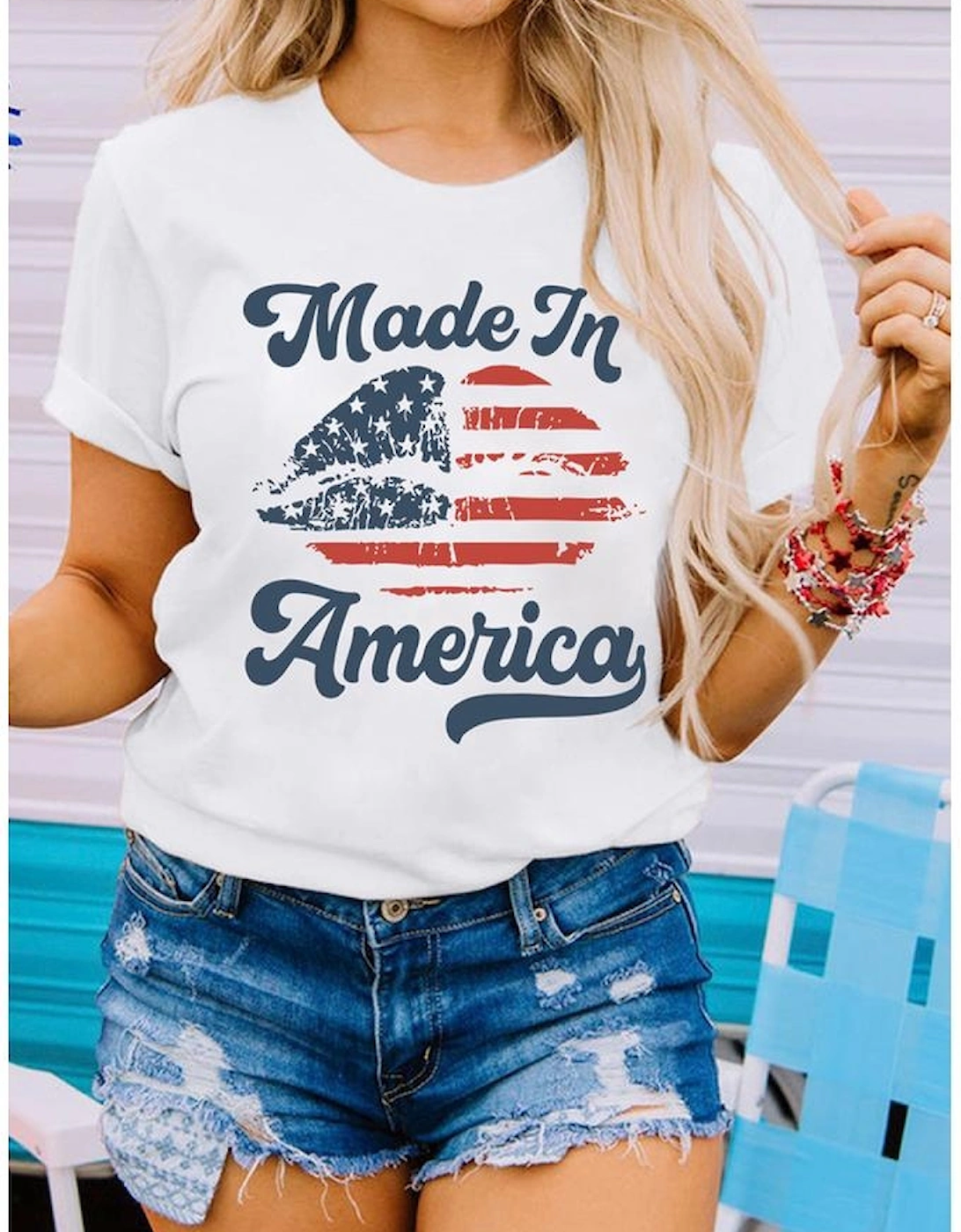 White Made in America Lip Printed O Neck T Shirt
