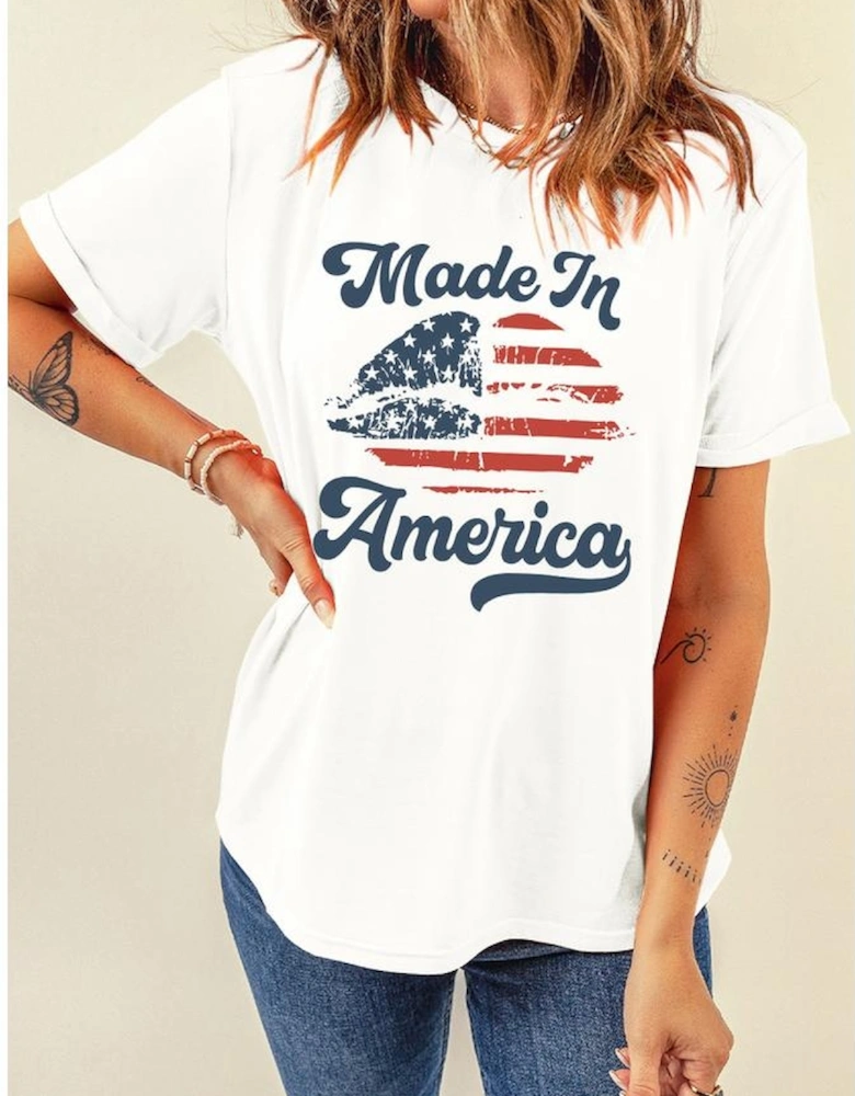 White Made in America Lip Printed O Neck T Shirt