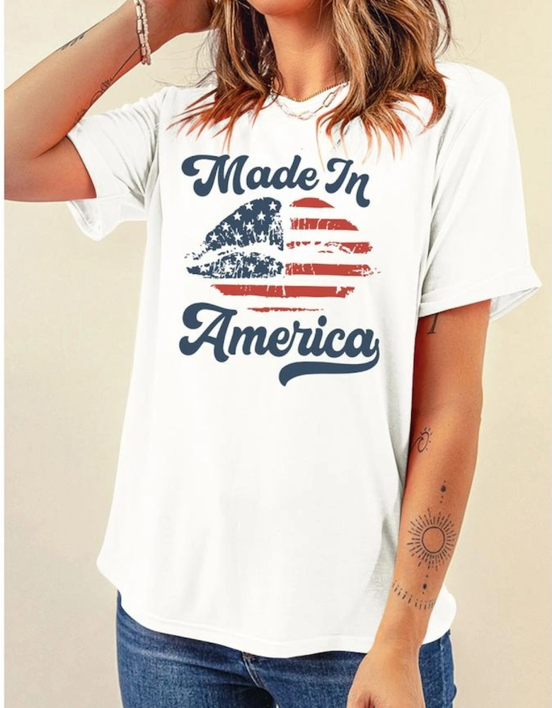 White Made in America Lip Printed O Neck T Shirt