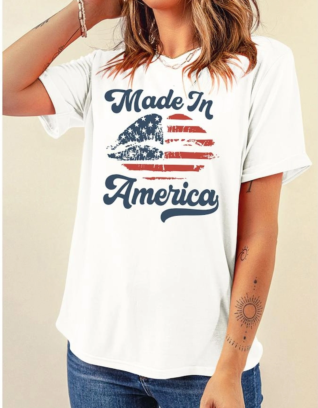 White Made in America Lip Printed O Neck T Shirt