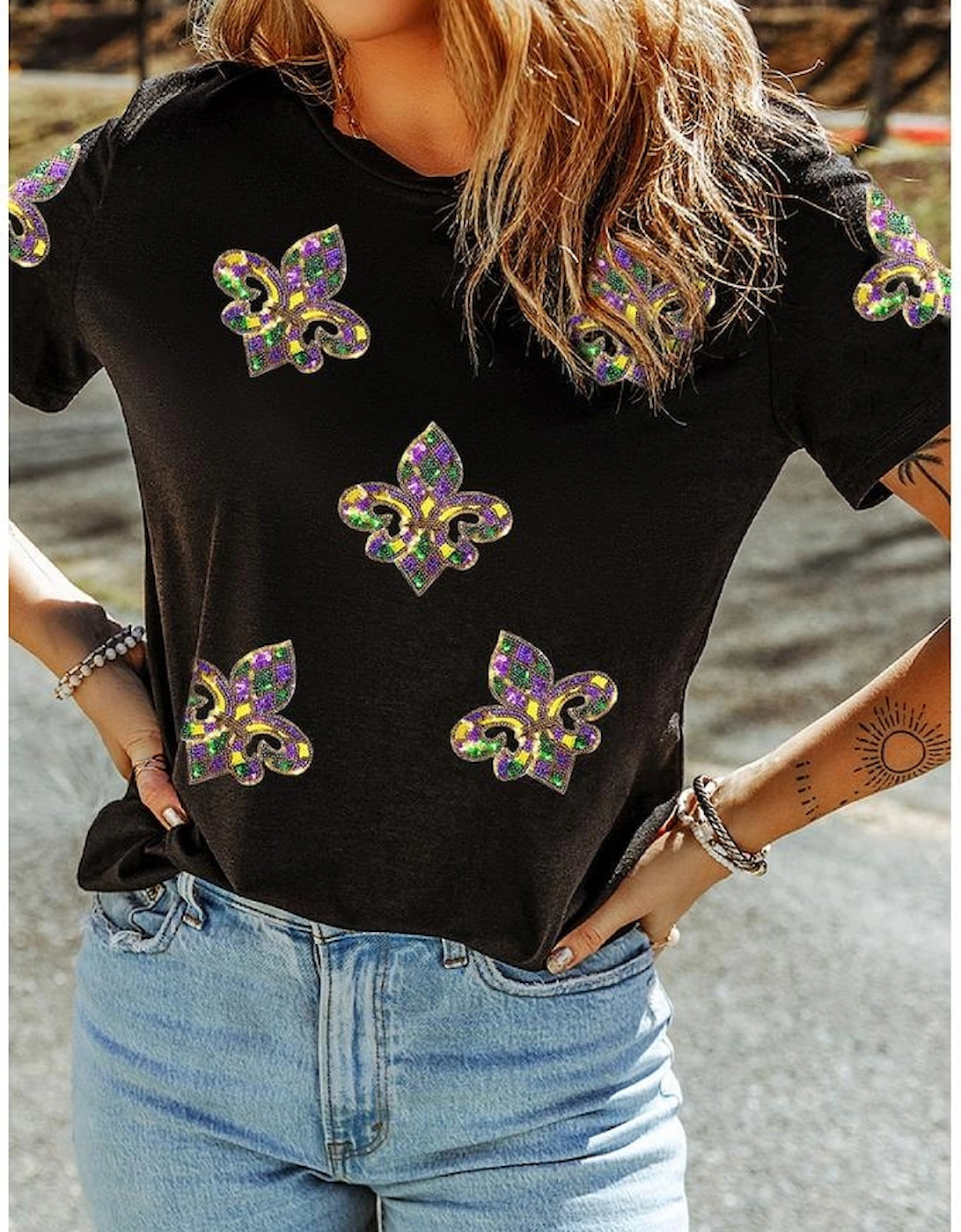 Black Maid Gras Sequin Fleur de Lis Graphic T Shirt