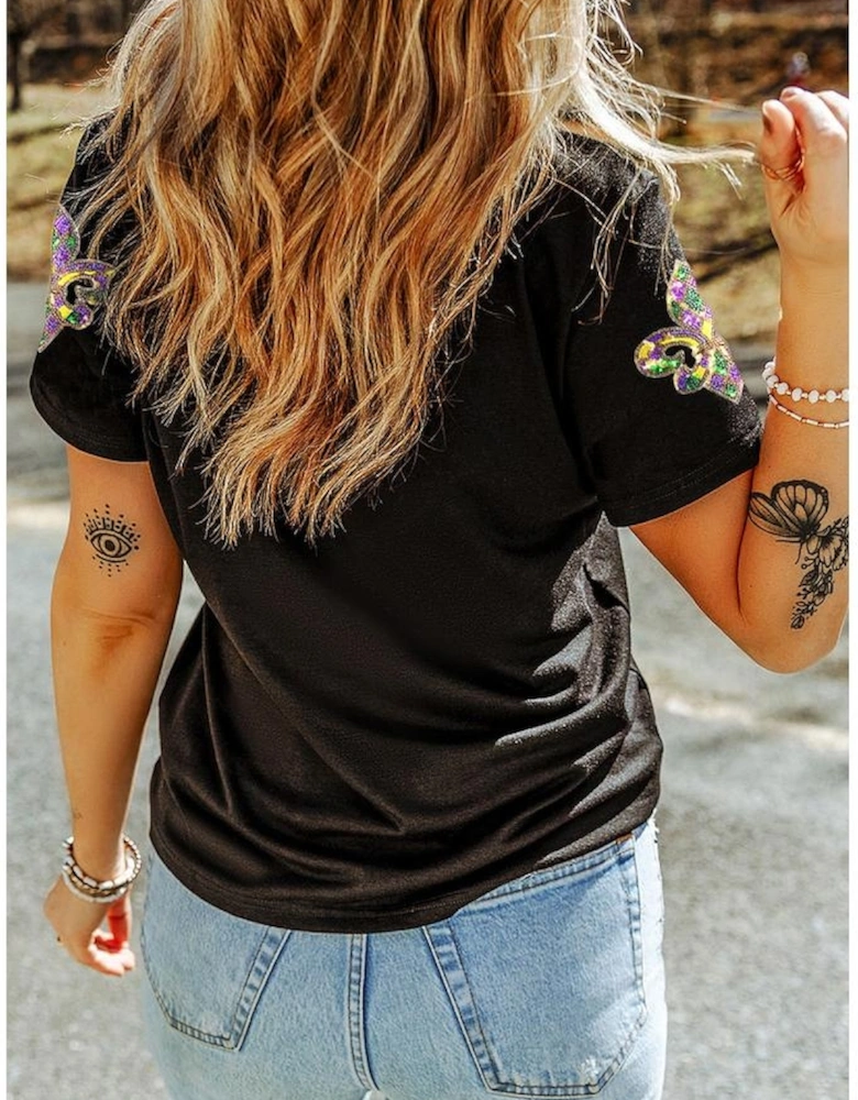 Black Maid Gras Sequin Fleur de Lis Graphic T Shirt