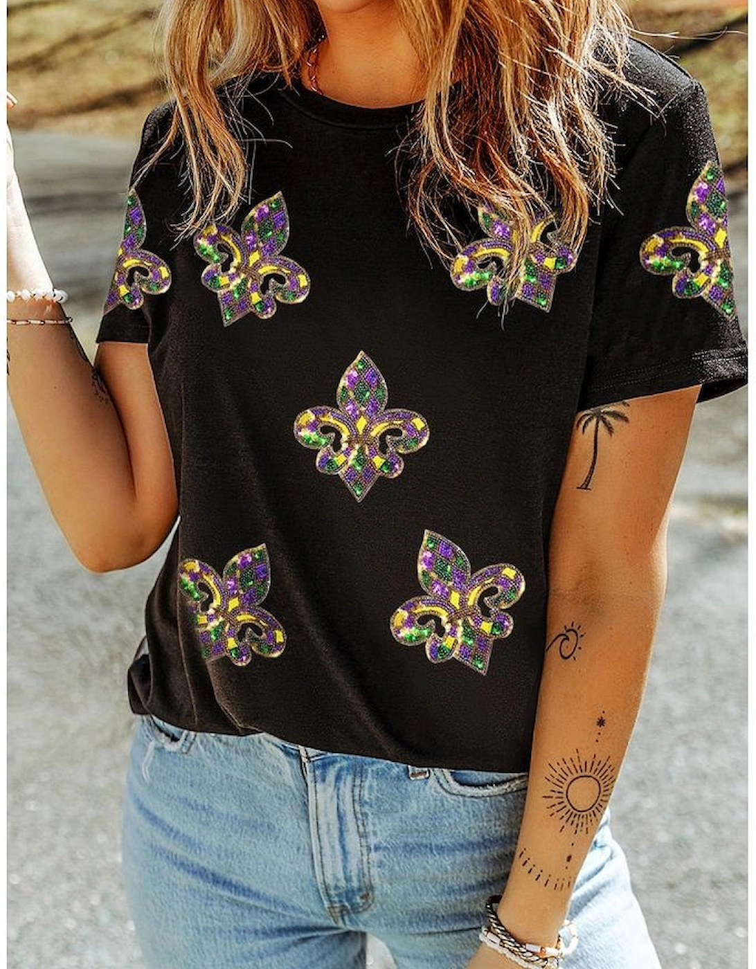 Black Maid Gras Sequin Fleur de Lis Graphic T Shirt, 5 of 4