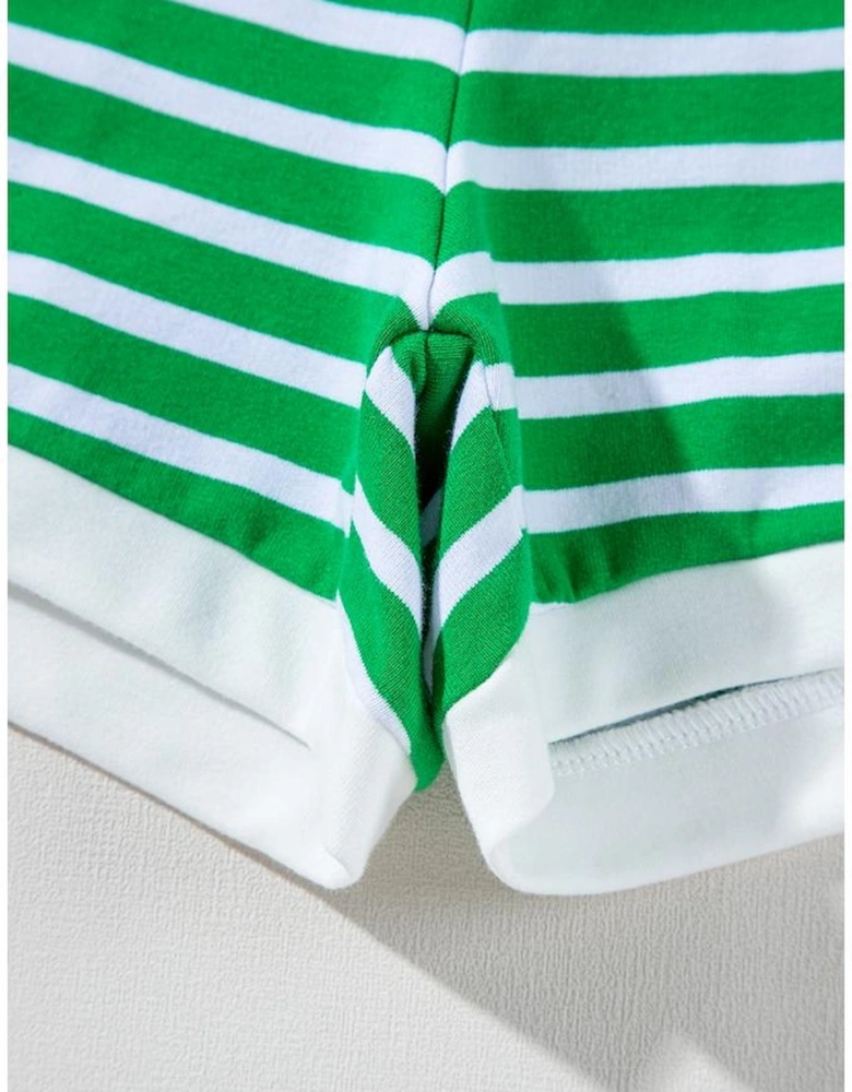 Dark Green Striped Cap Sleeve Tee and Shorts Set