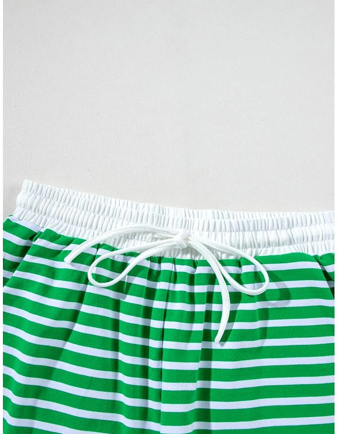 Dark Green Striped Cap Sleeve Tee and Shorts Set