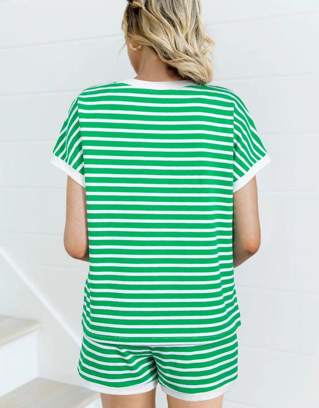 Dark Green Striped Cap Sleeve Tee and Shorts Set