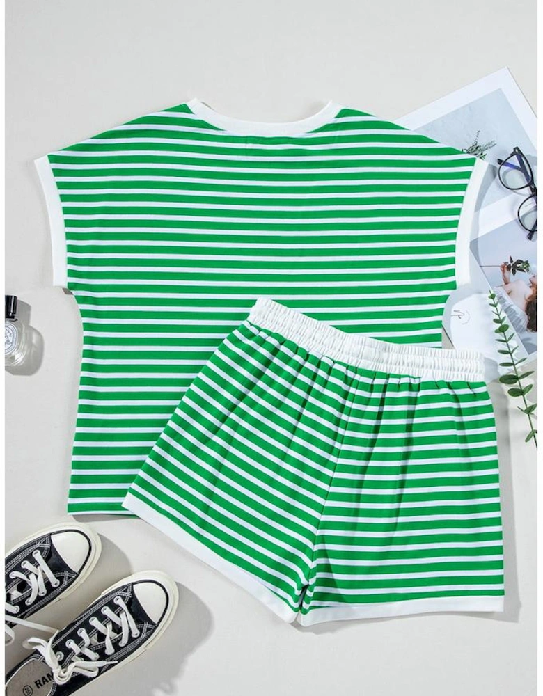 Dark Green Striped Cap Sleeve Tee and Shorts Set