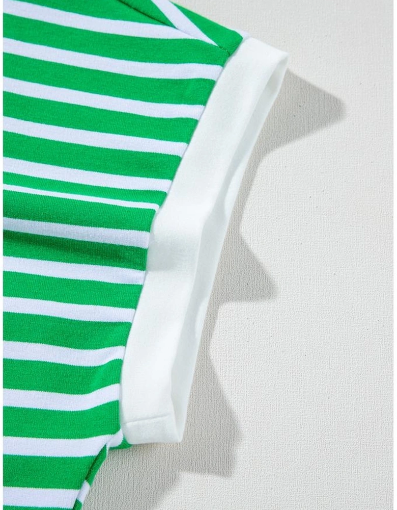 Dark Green Striped Cap Sleeve Tee and Shorts Set