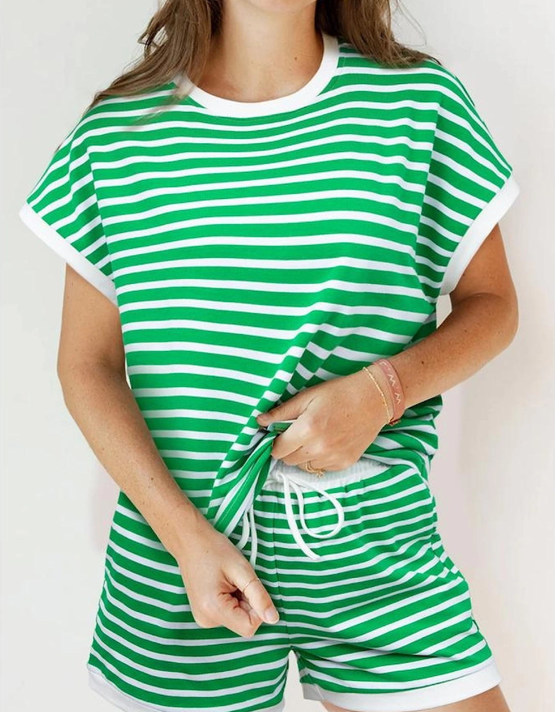 Dark Green Striped Cap Sleeve Tee and Shorts Set