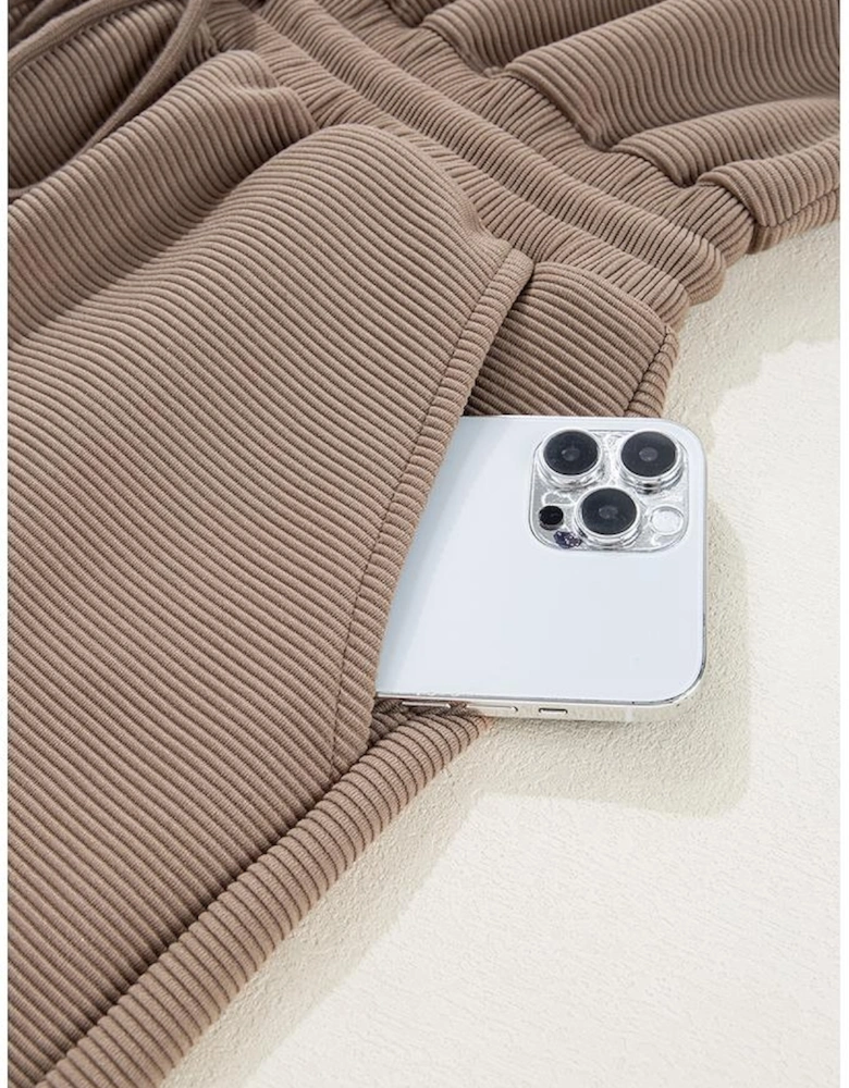 Dark Khaki Textured Short Sleeve Half Zip Drawstring Waist Romper