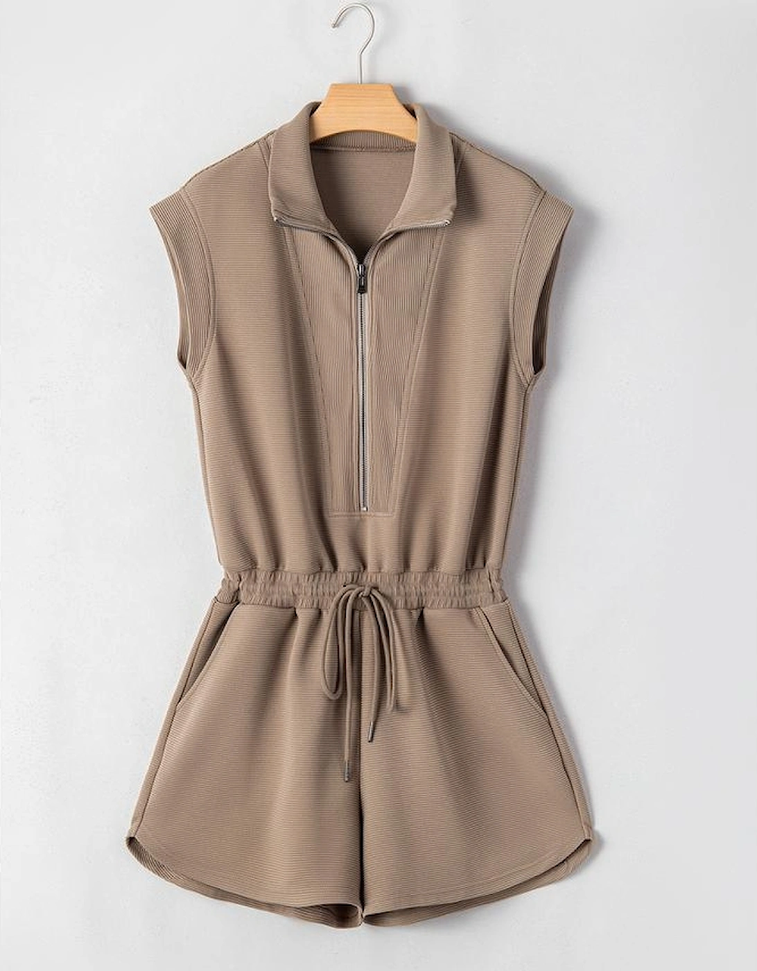 Dark Khaki Textured Short Sleeve Half Zip Drawstring Waist Romper