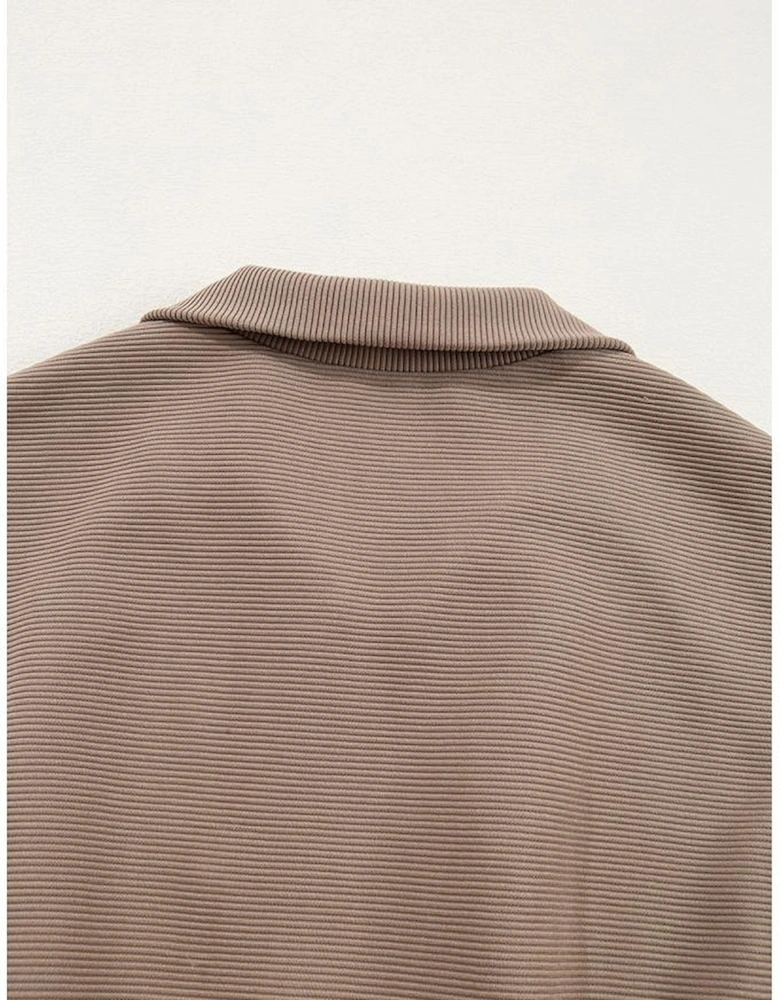 Dark Khaki Textured Short Sleeve Half Zip Drawstring Waist Romper