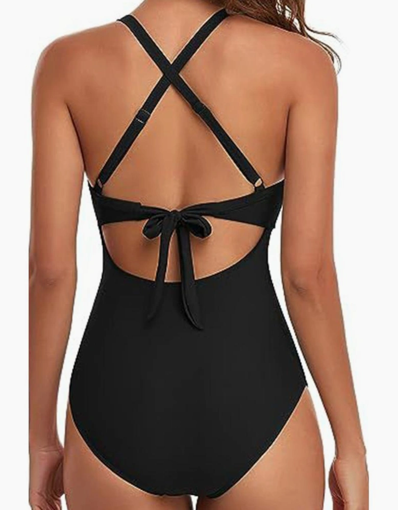 Black 2-tone Crossed Cutout Backless Monokini