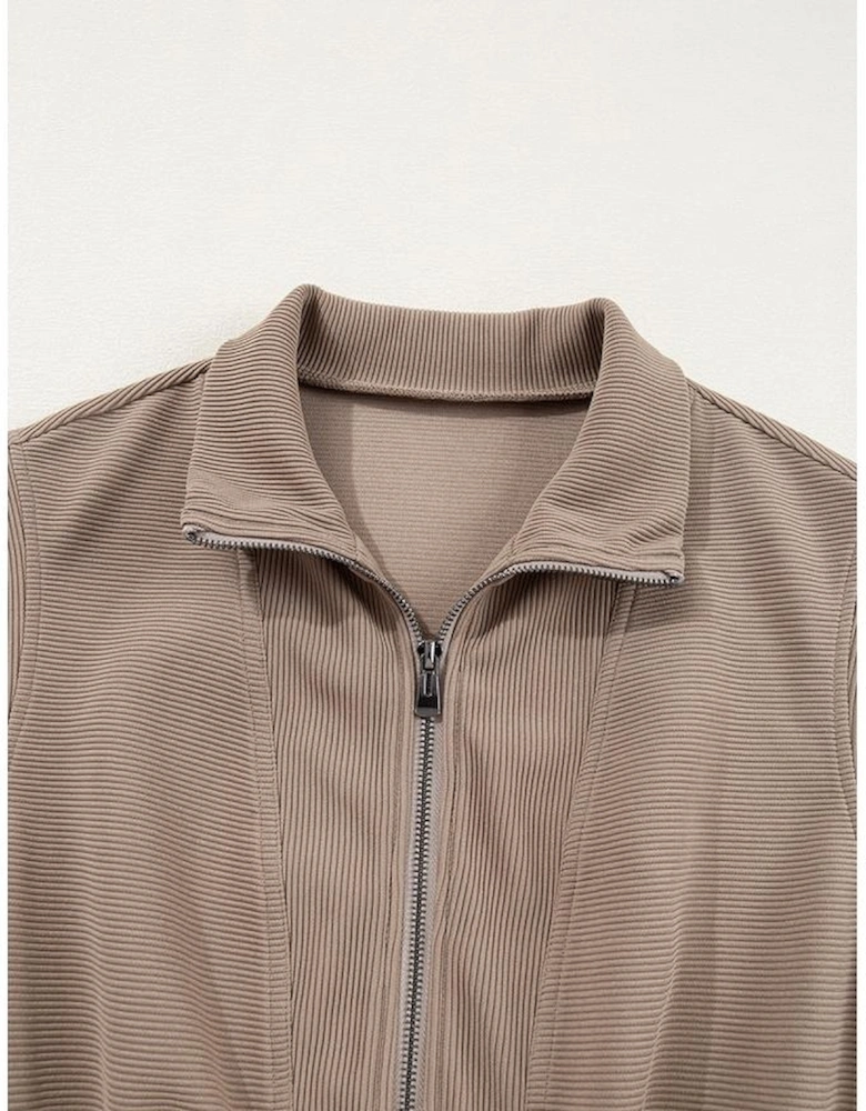 Dark Khaki Textured Short Sleeve Half Zip Drawstring Waist Romper