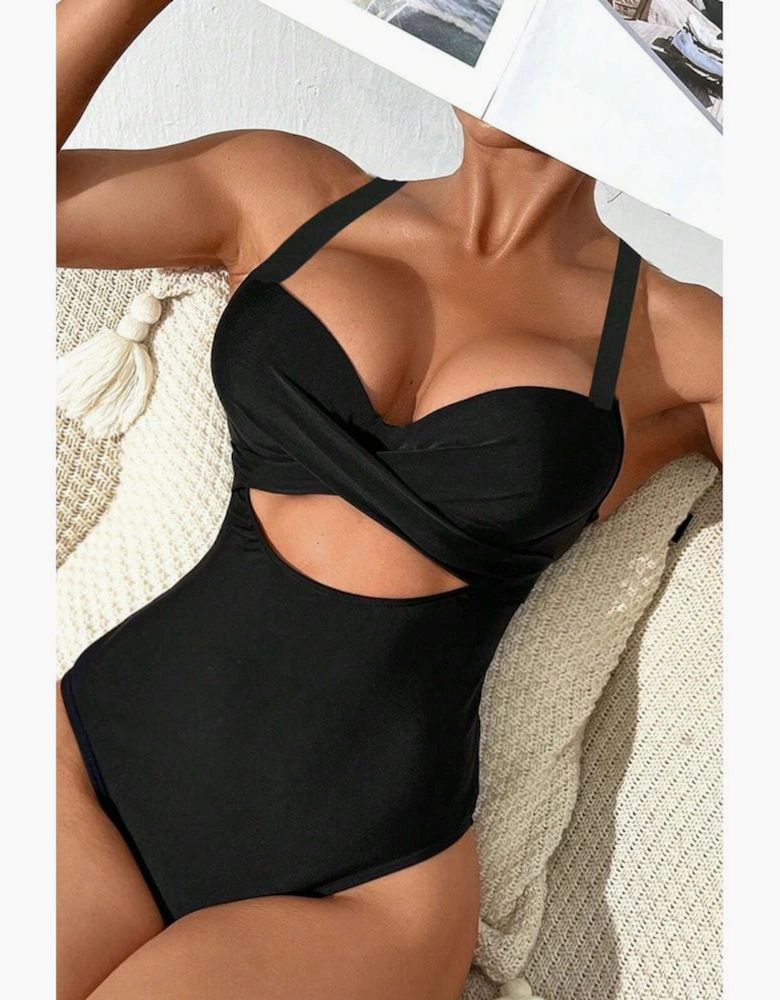Black 2-tone Crossed Cutout Backless Monokini