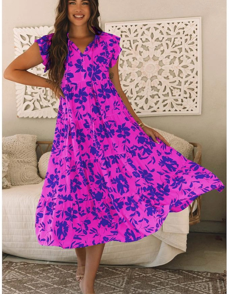 Rose Floral Print Tiered Frilled Trim Flutter Sleeve Maxi Dress