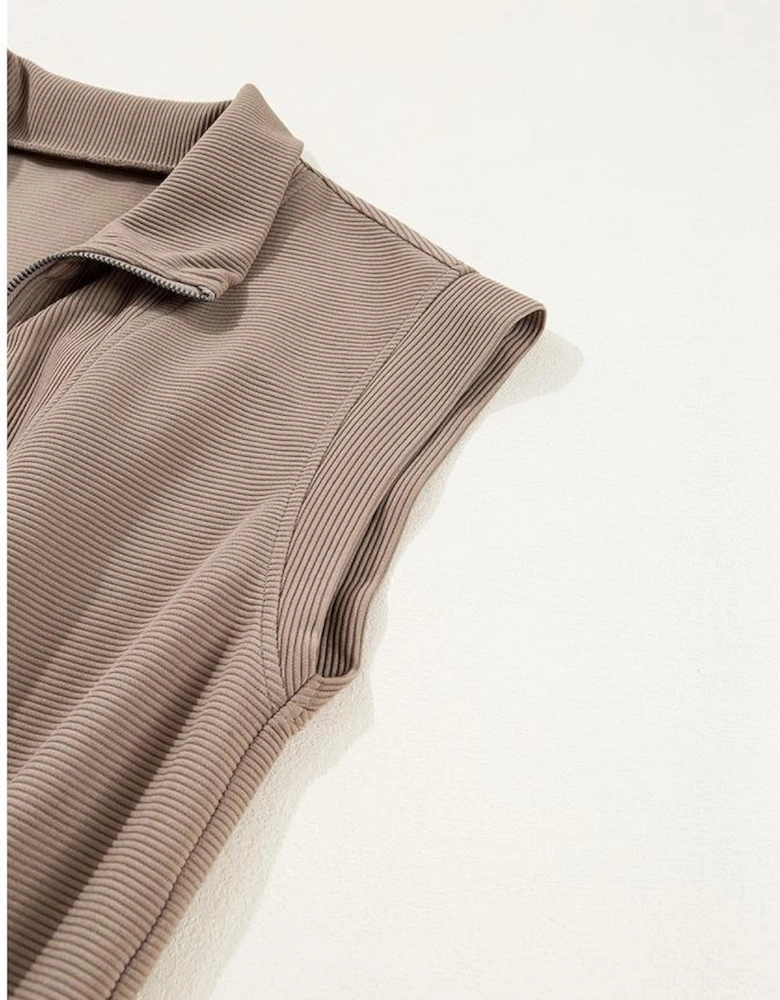 Dark Khaki Textured Short Sleeve Half Zip Drawstring Waist Romper