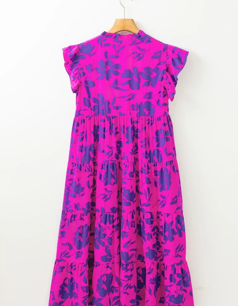 Rose Floral Print Tiered Frilled Trim Flutter Sleeve Maxi Dress