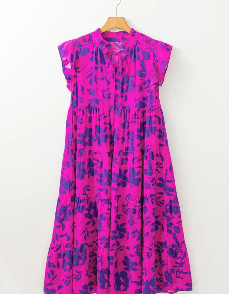 Rose Floral Print Tiered Frilled Trim Flutter Sleeve Maxi Dress
