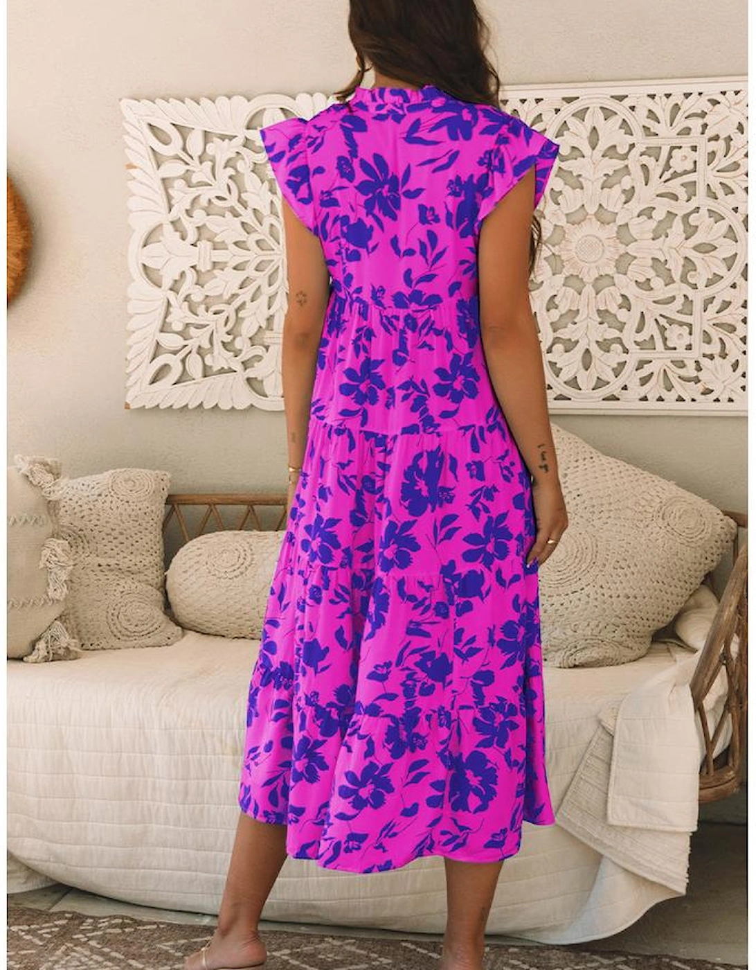 Rose Floral Print Tiered Frilled Trim Flutter Sleeve Maxi Dress