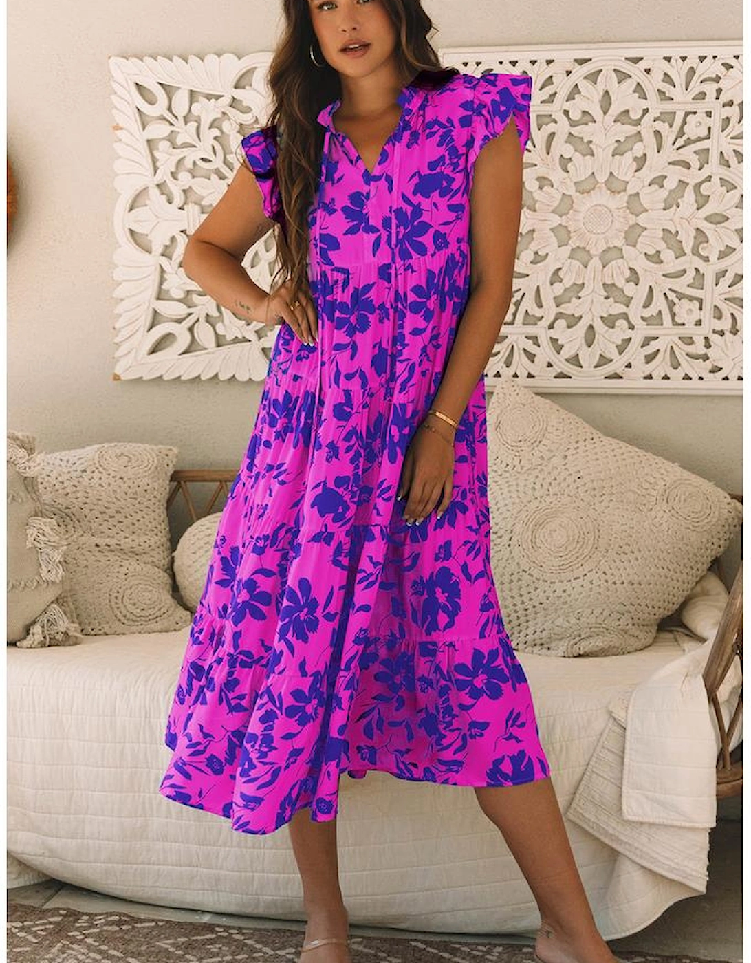 Rose Floral Print Tiered Frilled Trim Flutter Sleeve Maxi Dress