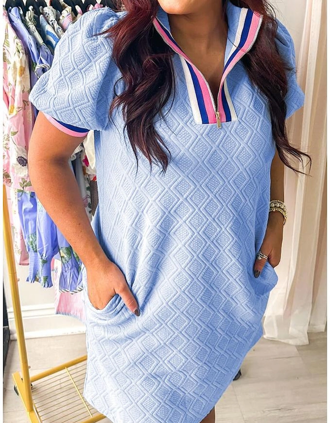 Beau Blue Contrast Striped Trim Zipped Stand Collar Textured Puff Sleeve Plus Size T Shirt Dress