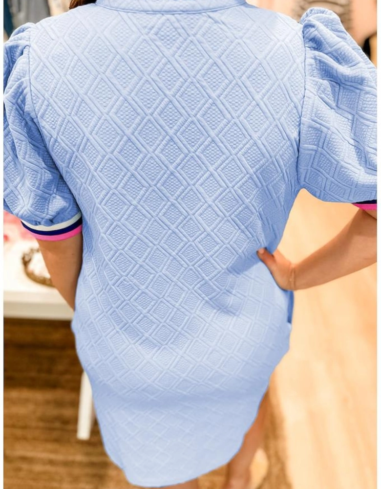 Beau Blue Contrast Striped Trim Zipped Stand Collar Textured Puff Sleeve Plus Size T Shirt Dress