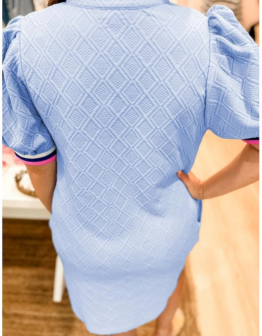 Beau Blue Contrast Striped Trim Zipped Stand Collar Textured Puff Sleeve Plus Size T Shirt Dress, 4 of 3
