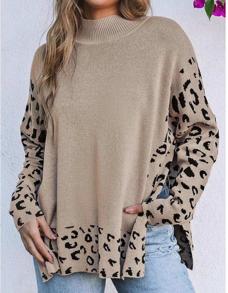 Khaki Leopard High Neck Side Slit Oversized Sweater